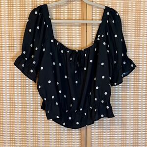 HM Womens 2X Black White Polka Dot Puff Sleeve Smocked Back Cottagecore Western